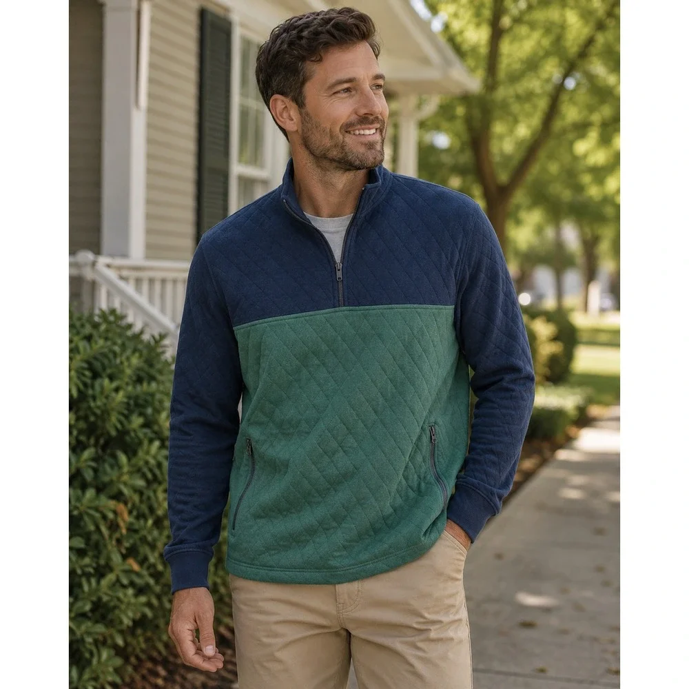 J.Crew Quilted Quarter Zip Pullover Color block Navy Blue Green Men's Medium